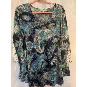Stem and Vine Womens 3x green blue paisley print long sleeve shirt boho romantic